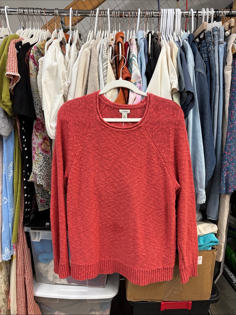 L.L. Bean Coral Pink Red Textured Crewneck Sweater